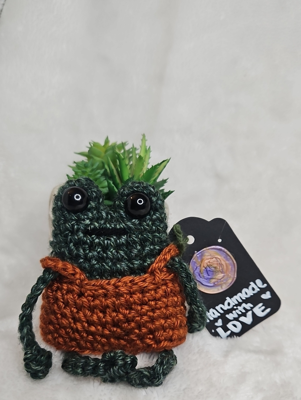 Handmade Crochet Frog Plushie in Overalls (NEW) - Picture 3 of 5
